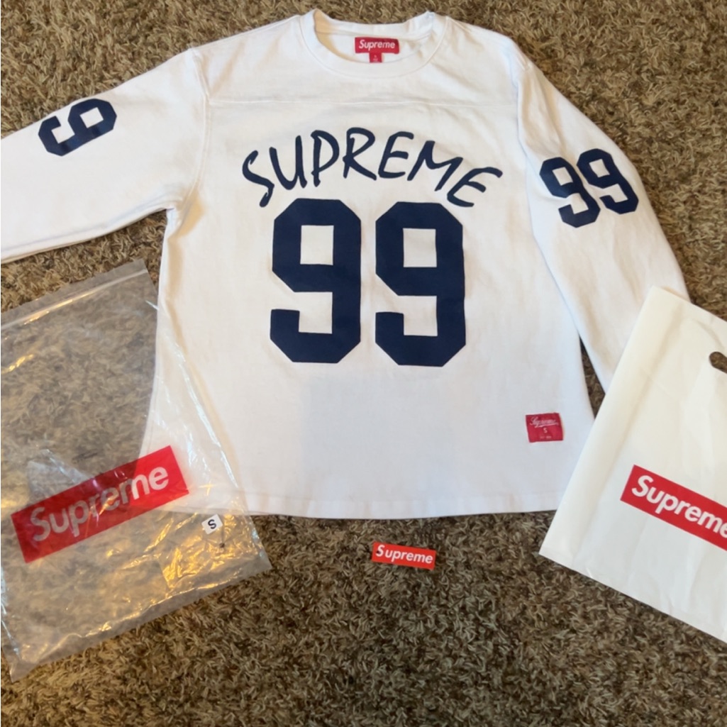Supreme Kids White And Navy Long Sleeve Tee